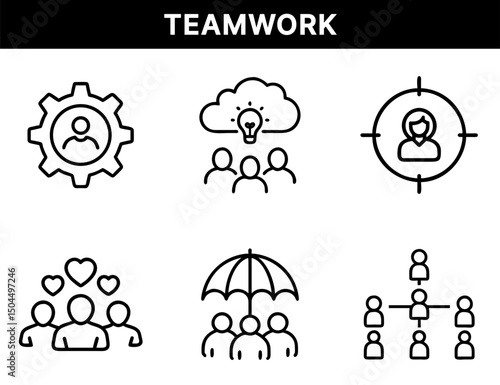 Teamwork and Leadership Icons – Team Gear, Idea Cloud, Targeted User, Group Support, Umbrella Protection, Organization Chart for HR, Projects, and Unity