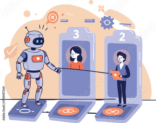 Robot interacting with human candidates in futuristic recruitment process illustration 