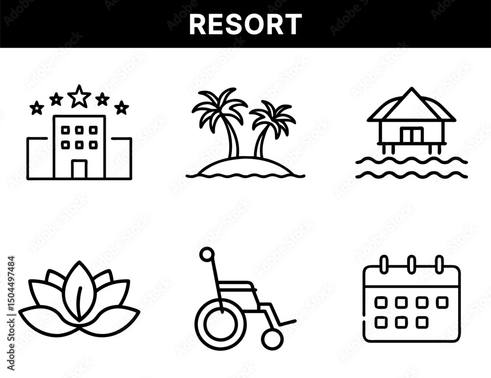 Fototapeta premium Resort and Wellness Hotel Icons – 5-Star Hotel, Tropical Island, Water Villa, Spa Lotus, Wheelchair Accessibility, Booking Calendar for Vacation and Travel