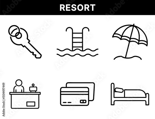 Resort and Hotel Service Icons – Room Key, Swimming Pool, Beach Umbrella, Front Desk Reception, Credit Card Payment, Bed for Travel and Guest Accommodation