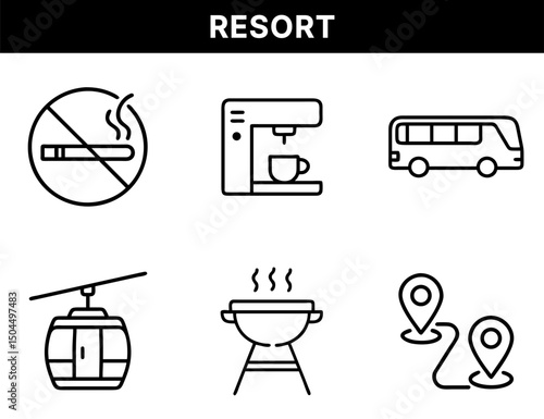 Resort and Hospitality Icons – No Smoking Sign, Coffee Machine, Shuttle Bus, Cable Car, Barbecue Grill, Map Route for Vacation, Travel, and Holiday Services