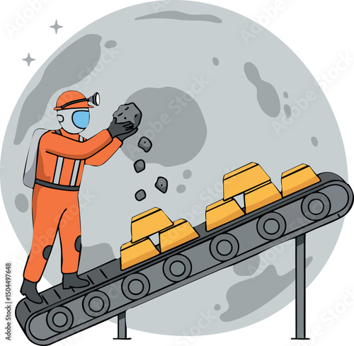 Miner collecting gold bars on conveyor belt with full moon background vector illustration 
