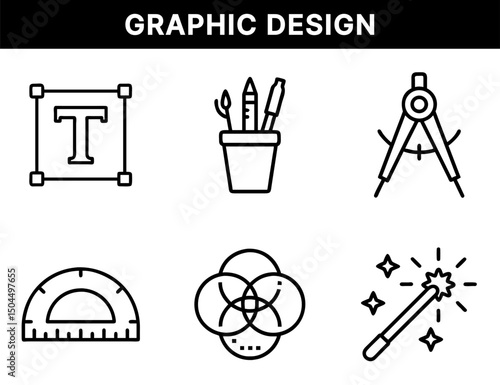 Graphic Design Tools Line Icons – Typography, Drawing Instruments, Design Compass, Color Cycle, Magic Wand Effect, Creative Tools for Digital Art Creation