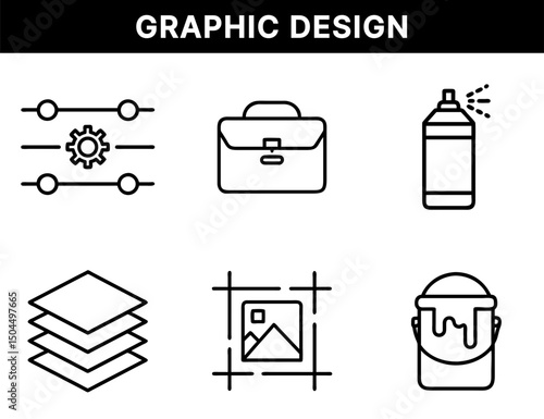 Graphic Design Tools and Editing Icons – Adjustment Sliders, Layers, Image Crop, Paint Bucket, Spray Tool, Briefcase for Creative Digital Art Projects