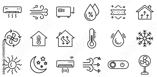 HVAC and Climate Control Line Icons Set – Air Conditioning, Heating, Humidity, Ventilation, Thermostat, Fan, Temperature Symbols for Home Comfort