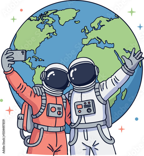 Two astronauts taking selfie in front of Earth globe vector illustration space theme 