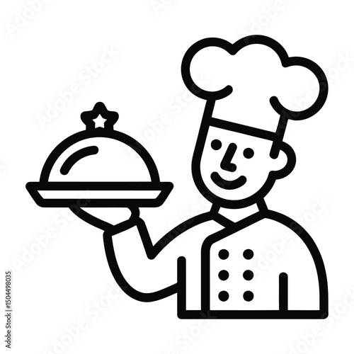 Chef Holding Tray Icon, Silhouette, Vector, Illustration, Outline, Logo, White Background.