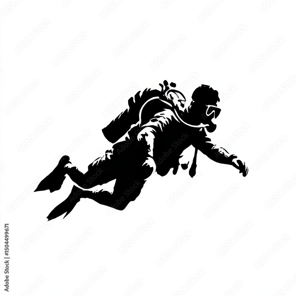 Fototapeta premium Monochrome Silhouette of a Scuba Diver Exploring the Underwater World, Black on White, Ready for Deep Sea Adventure