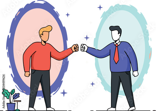 Two men fist bumping through colorful portal vector illustration of connection and teamwork 