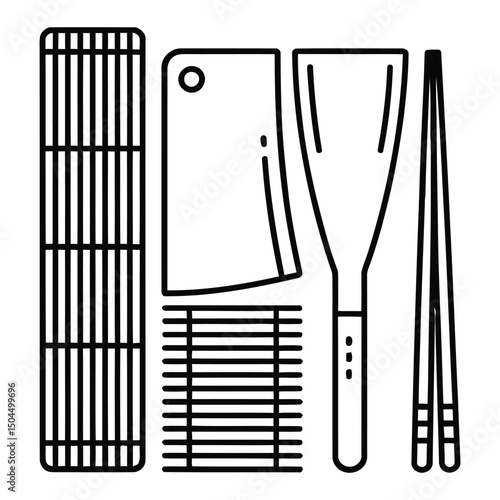 Sushi Making Tools Icon, Silhouette, Vector, Illustration, Outline, Logo, White Background.