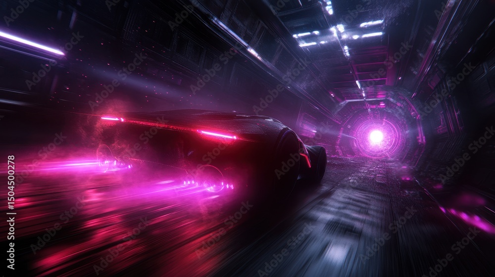 Fototapeta premium Futuristic car racing through neon tunnel at high speed