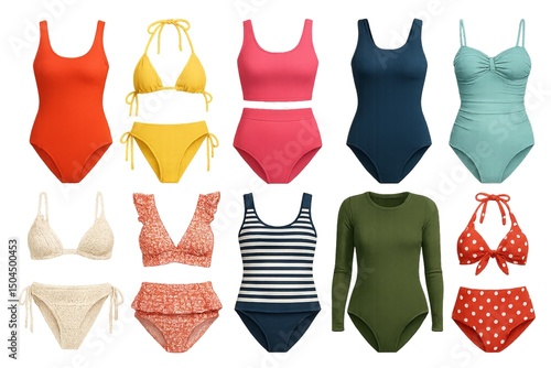 collection of vibrant summer swimsuits in various styles isolated on white background. concept of beachwear fashion, swimwear design, summer clothing for vacation.