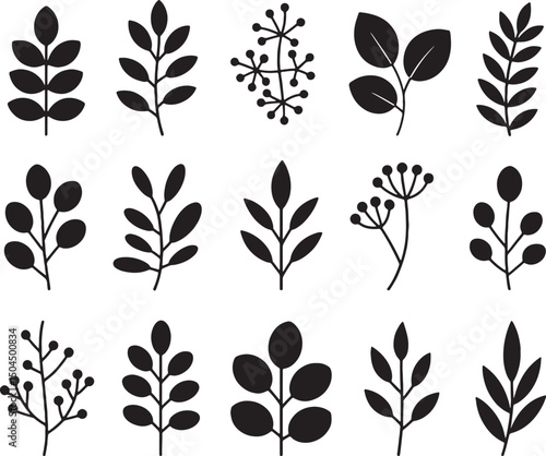 Collection of simple black silhouette botanical illustrations