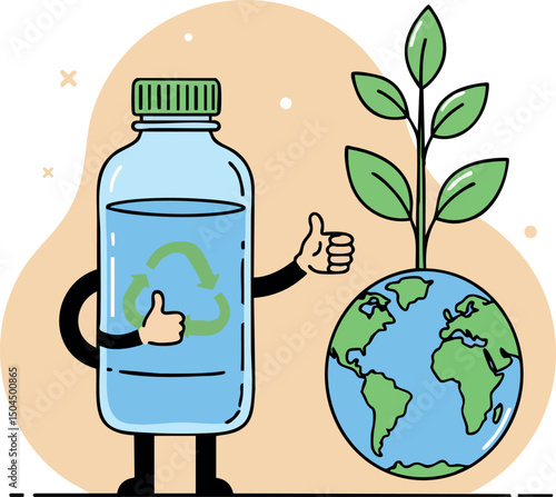 Recyclable Plastic Bottle with Earth Globe and Green Plant Eco Concept Illustration 