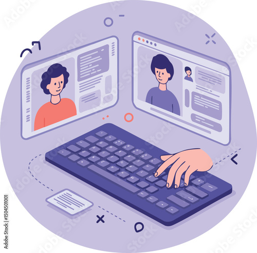 Virtual video conference communication with keyboard and user interface illustration 