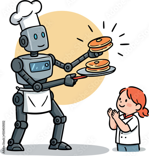 Robot chef serving pancakes to happy child in kitchen scene vector illustration 
