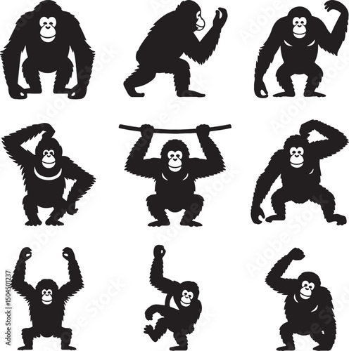 Nine orangutan silhouettes various poses black white