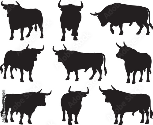 Nine silhouettes of spanish fighting bulls