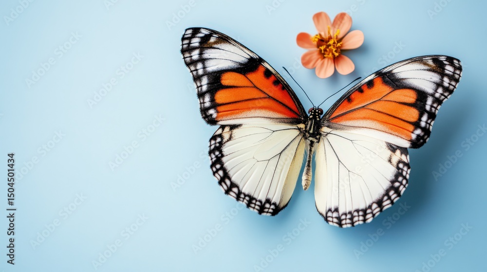 Obraz premium Beautiful butterfly with orange and white wings perched beside a delicate flower on a blue background