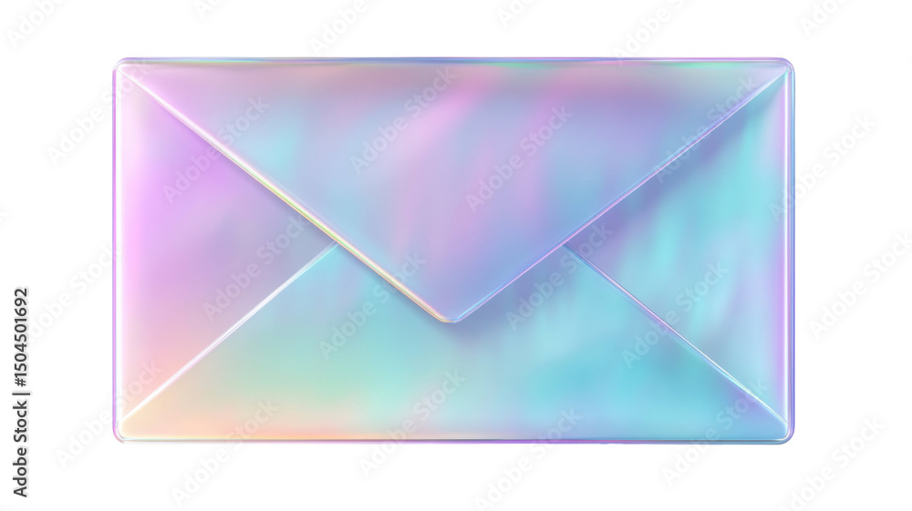 Shiny Holographic Mail Envelope with Reflective Surface Isolated on White Background Shiny Holographic Mail Envelope with Reflective Surface Isolated on White Background