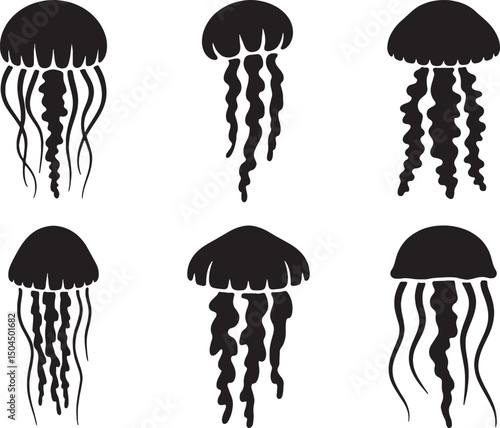 Six silhouettes of jellyfish ocean life aquatic