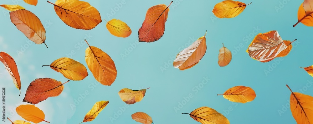 Autumn leaves falling on a blue background.  A great image for fall, nature, and seasonal themes.