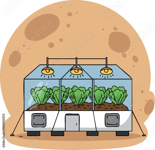 Indoor hydroponic vegetable growing system with artificial lights and moon background vector illustration 