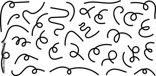 Line doodles set - hand drawn swirls, curved lines, grunge style marker, chaotic pointers. Chalk sketches, artistic design elements collection