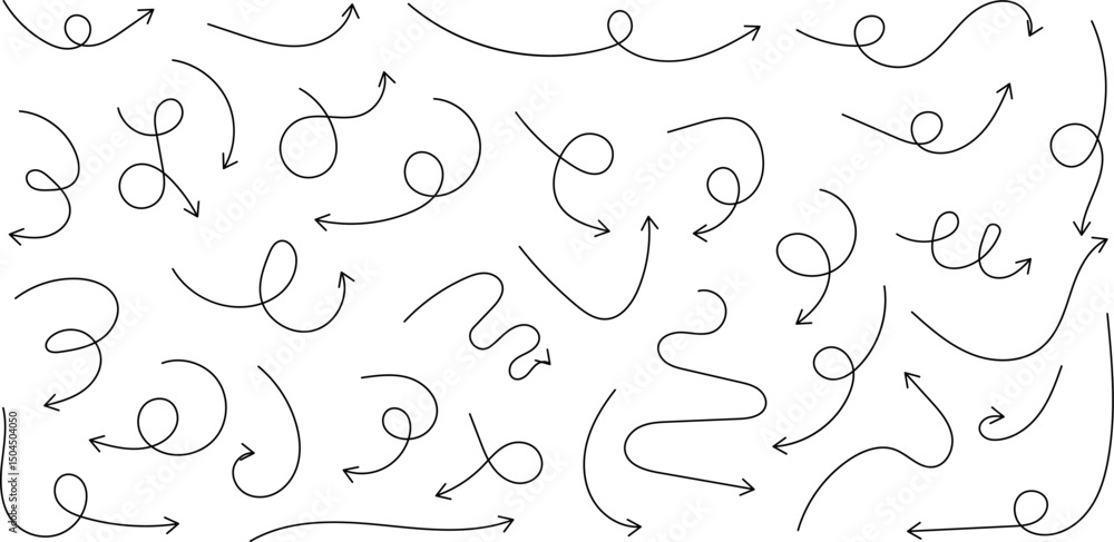 Arrow doodles set - hand drawn swirls, curved lines, grunge style marker, chaotic pointers. Chalk sketches, artistic design elements collection. Arrow doodles set - hand drawn swirls, curved lines, grunge style marker, chaotic pointers. Chalk sketches, artistic design elements collection.