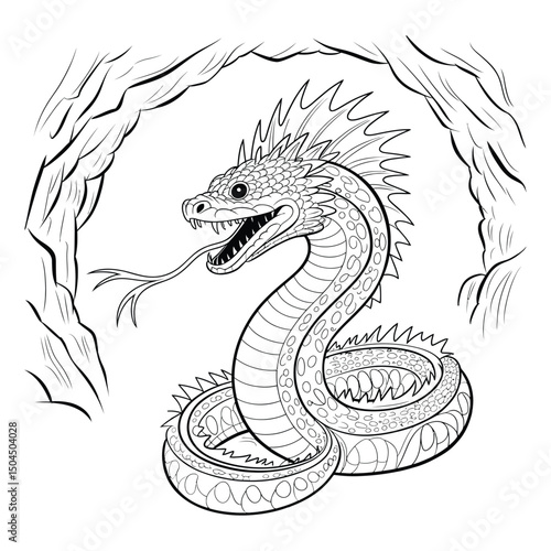 Basilisk in dark cave Coloring Page, Silhouette, Vector, Illustration, Icon, Logo, White Background.