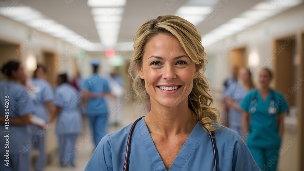 Fototapeta premium Her bright smile brings calm to the bustling nurses' station.