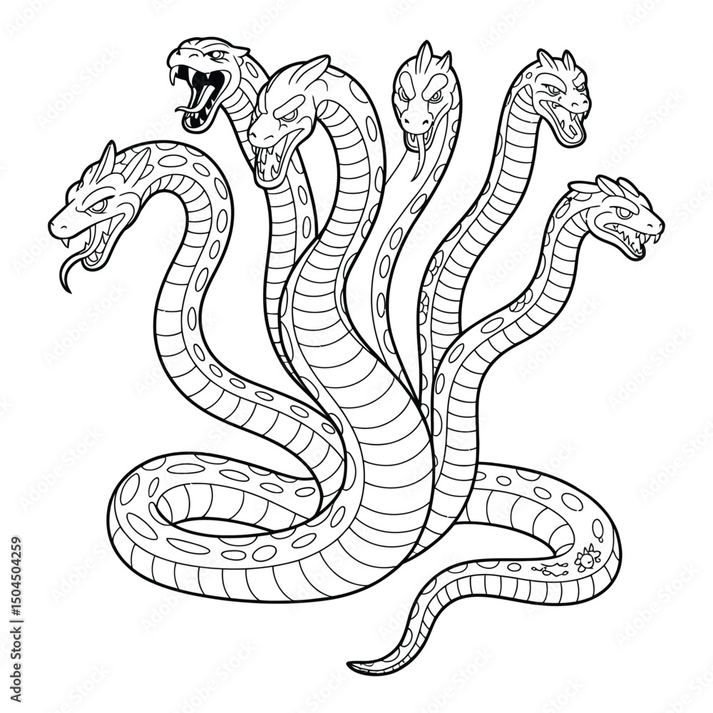 Fototapeta premium Hydra with multiple heads Coloring Page, Silhouette, Vector, Illustration, Icon, Logo, White Background.