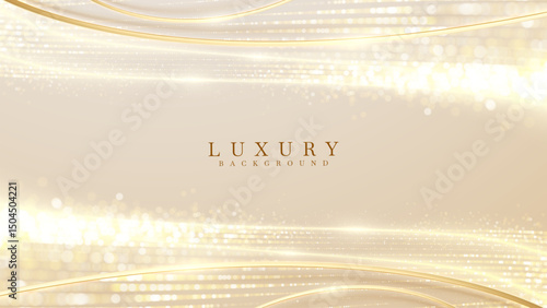 Luxury cream abstract background with elegant golden curves decorated with sparkling light effects and glittering stars.