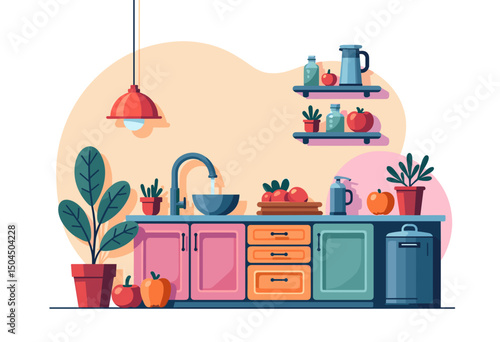 Wallpaper Mural Colorful Kitchen Illustration with Sink, Cabinets, Plants, and Produce in a Modern Flat Design Style Torontodigital.ca