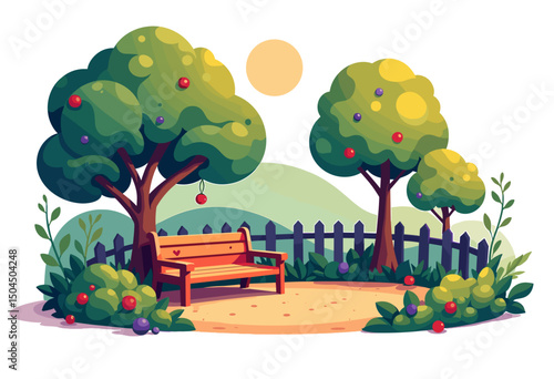 Peaceful Garden Scene with Wooden Bench, Apple Trees, and Picket Fence Illustration