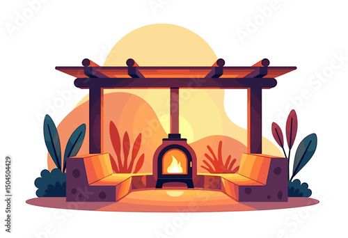 Cozy Outdoor Fireplace with Seating Area Illustration, Warm Lighting and Relaxing Atmosphere