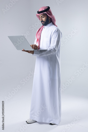 A collection of images of an Arab man wearing traditional Saudi thobe and shemagh, reflecting modern lifestyle activities like using technology, shopping, and standing confidently in a studio setting.