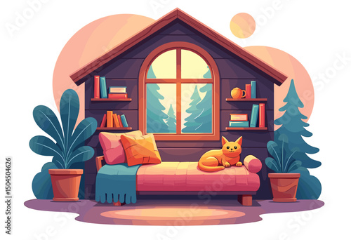Cozy Interior Scene with Cat Resting on Daybed in Front of Window Overlooking Evergreen Trees, Illustration