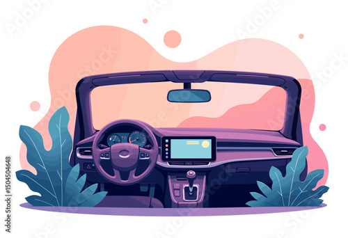Detailed Illustration of a Car Interior with Dashboard, Steering Wheel, and Leafy Accents, Vector Graphic
