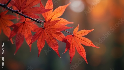 Close-up of vibrant red maple leaves on branch. Autumn season fall colors. Colorful leaves texture, sunny weather. Beautiful nature background, autumn landscape design. October vibes, natural beauty.