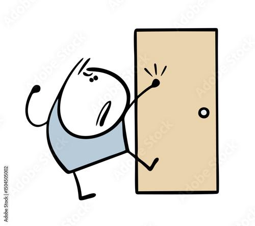 Cartoon angry man knocks loudly on a closed door. Vector illustration of a stickman who wants to enter, kicks the entrance in a rage.