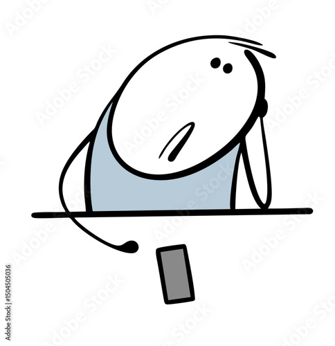 Stickman in love is bored and sits next to a mobile phone. Vector illustration of a teenager or a young man waiting for a call from his girlfriend.