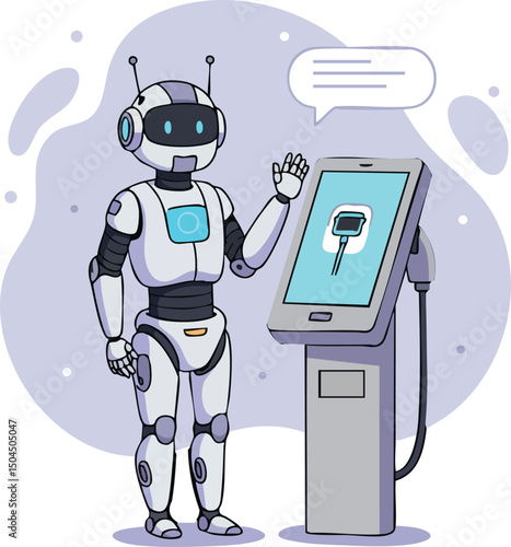 Friendly robot interacting with touchscreen kiosk in modern technology environment vector illustration 