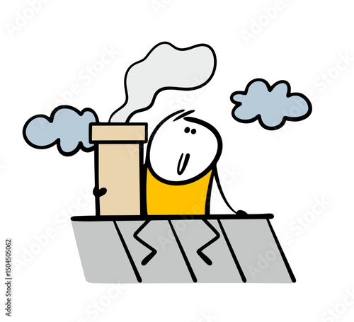 Romantic stickman sits on the roof and looks into the distance. Vector illustration of smoke from a chimney, sky and clouds, cartoon boy dreaming.