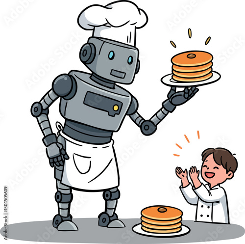 Robot chef serving pancakes to happy child in kitchen scene vector illustration 