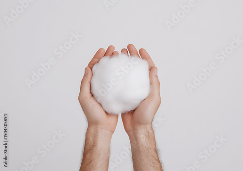 Hands holding a ball of fluffy white cotton, symbolizing softness and purity. The image evokes feelings of comfort and gentleness against a plain background.