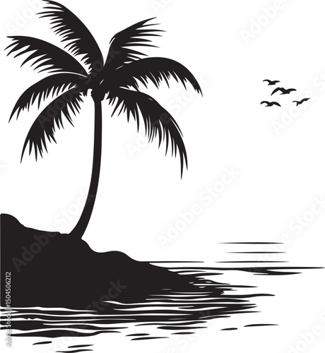 Palm Beach Tree Beach Silhouette Vector Illustration on Transparent Background