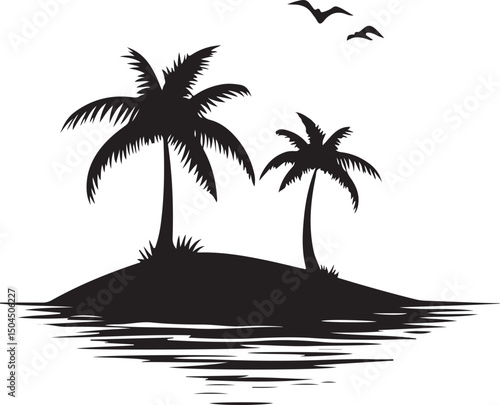 Palm Beach Tree Beach Silhouette Vector Illustration on Transparent Background