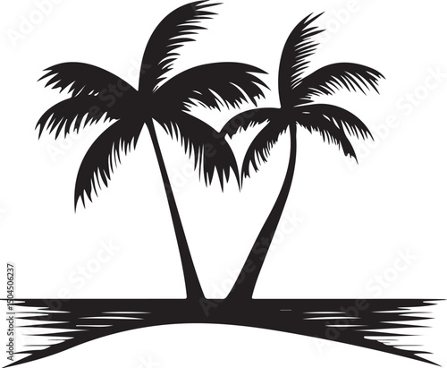 Palm Beach Tree Beach Silhouette Vector Illustration on Transparent Background