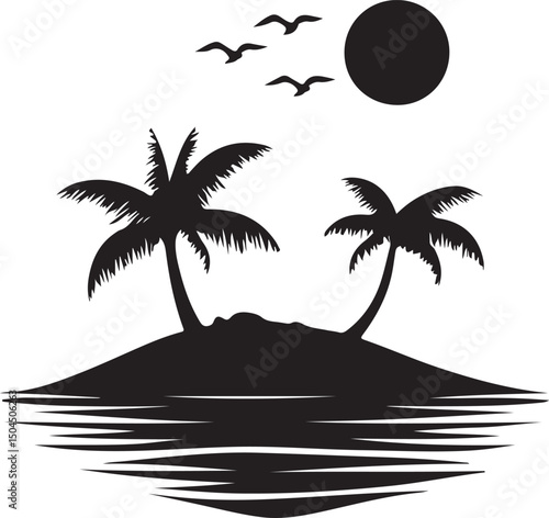 Palm Beach Tree Beach Silhouette Vector Illustration on Transparent Background